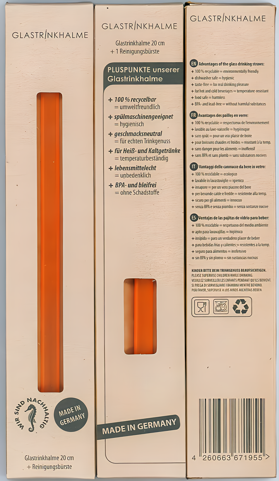 ecotaste - 4-er Trinkhalmset farbiges Glas "Germany" in KARTONBOX 1-c, inkl. Lasergravur