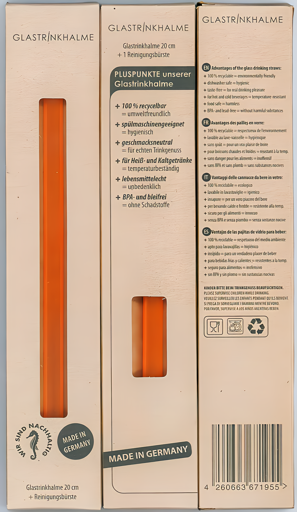 6-er Trinkhalmset farbiges Glas "Germany" in KARTONBOX 1-c, inkl. Lasergravur